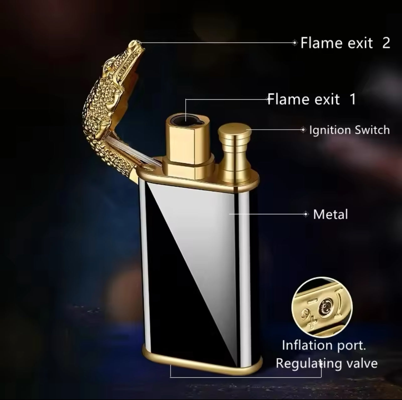 Briquet à Gaz Double Flamme avec Tête de Dragon